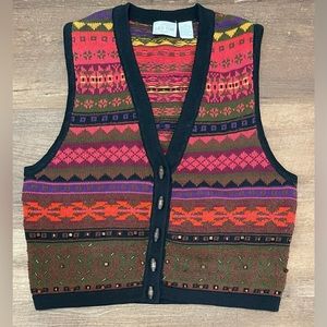 Vintage 90s First Issue knit beaded sweater vest button front size XS Small